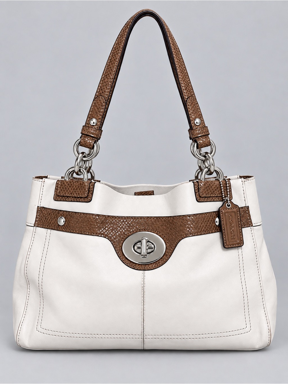Vintage Coach Penelope Carryall Turn Lock F16531 Leather Brown Snake Skin Ivory